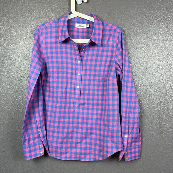 Vineyard Vines Blyden Button Down Tunic Womens 6 Blue Pink Check Long Sleeve - Picture 1 of 8